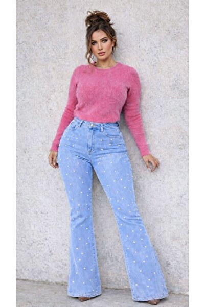 FİVA JEANS Special Design Pearl Detailed High Waist L Stretch Fabric Flexible...