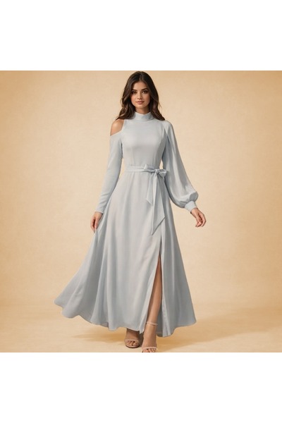 SERA Elegant Grey Cold-Shoulder Taffeta Crepe Gown