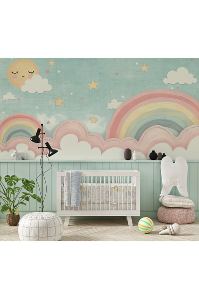Tasarım Suluboya Efektli Güneş Gökkuşağı ve Bulutlar Pastel Renkler Bebek & Ç...