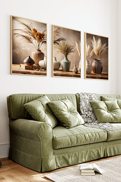 kutuTR Ahşap Çerçeveli 2D UV Baskı 3'lü Tablo set–Boho Pampas Ve Vazo Temalı-...