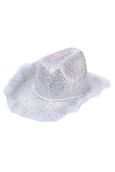 PARTİ SEPETİ Λευκό γυαλιστερό καπέλο για πάρτι με γούνα και λάμψη