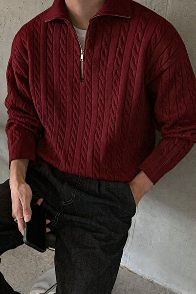 Tarz Cool Men's Burgundy Half-Zipper Hair Knit Sweater