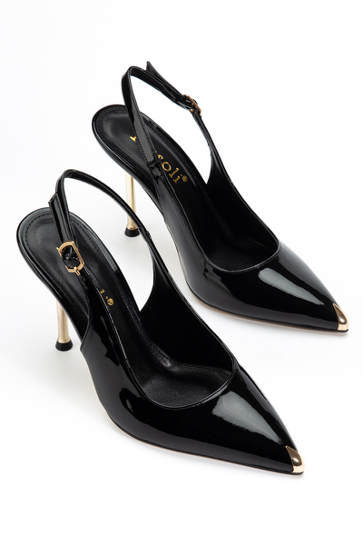 RİSSOLİ Women's Black Patent Leather Toe with Gold Detail Open Back Thin Heel...