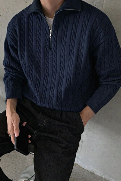 Tarz Cool Men's Navy Blue Half-Zipper Hair Knit Sweater