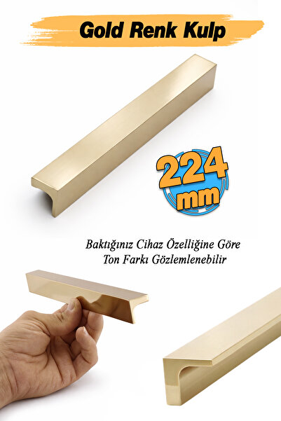 Badem10 Lada Parlak Gold Metal 224 mm 22.4 cm Uzun Mobilya Çekmece Dolap Kulp...