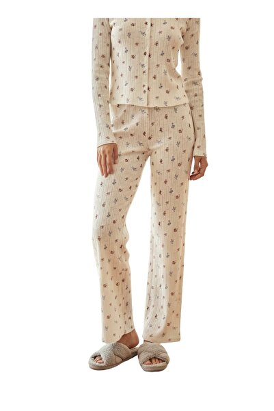 Merlot 100% Cotton Floral Printed Pointelle Wide-Leg Pajama Bottoms