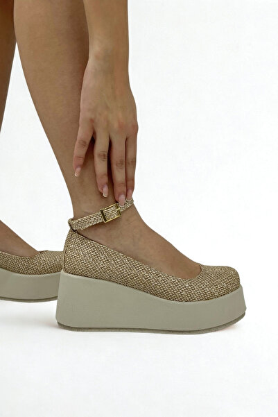 inizio Beige Straw Print Wedge Heel Shoes (V4211)