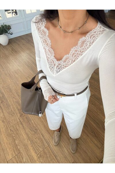 TLG GİYİM Women's V-Neck Transparent Lace Detail Cashmere Ultra Light Blouse