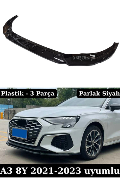 SML Dizayn Audi A3 8Y Ön Tampon Lipi Eki (2021-2023) Parlak Siyah 3 Parça - M...