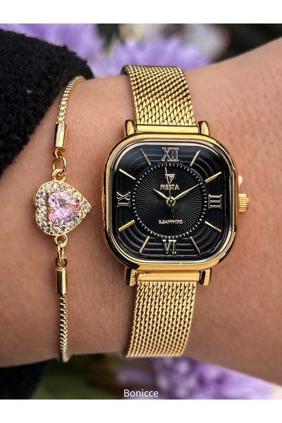 Fiesta في عبوة أنيقة، عقد خطوبة لعيد الحب، سوار شبكي من الفولاذ، قرص أسود، سا...