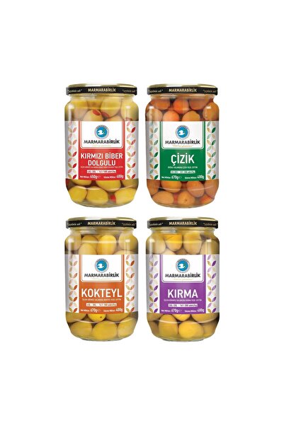 MarmaraBirlik Yeşil Zeytin 400 gr Cam Biberli-Çizik-Kırma-Kokteyl 4 lü Karma ...