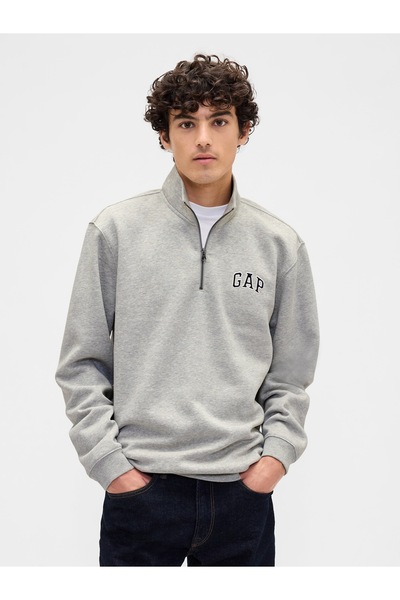 GAP Erkek Gri Relaxed Logo Yarım Fermuarlı Sweatshirt