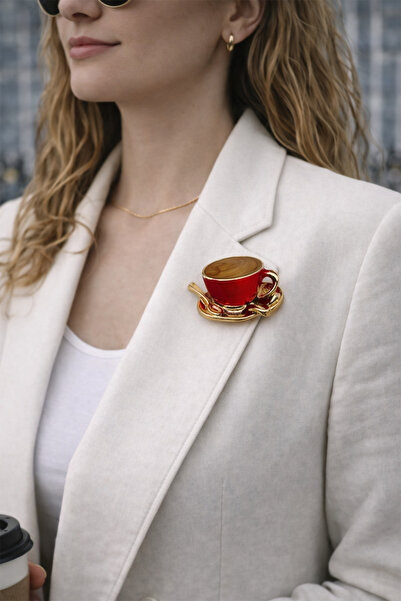 Modex Altın Sarısı Kaşık Detay Mineli Kahve Fincanı Broş (3cm)