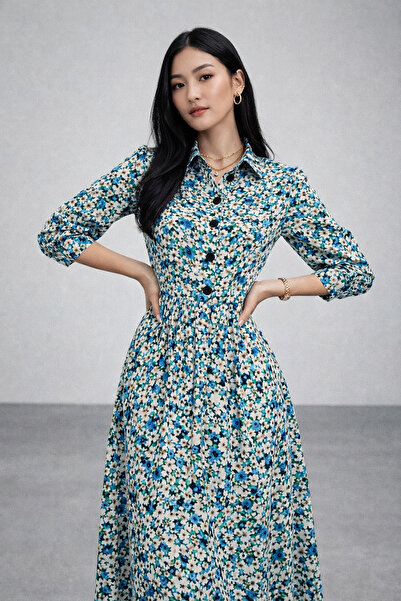 Rich Women's Blue Floral Dress with Elastic Waist
