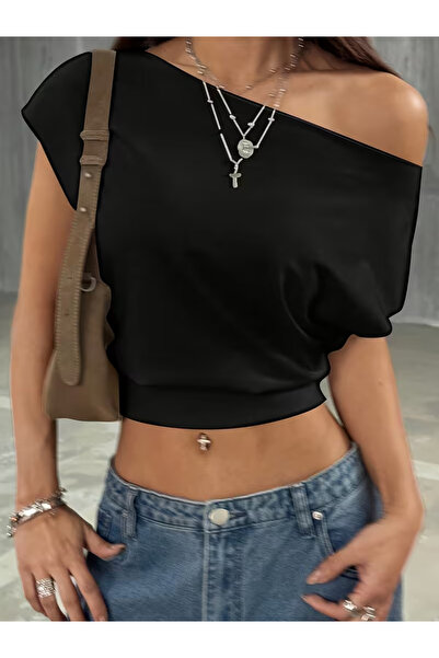 Keywest Women's Short Sleeve Boat Neck Thick Ribbed Crop T-Shirt