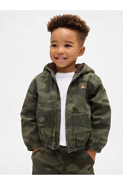 GAP Erkek Bebek Koyu Yeşil Sherpa-Lined Kamuflaj Kapüşonlu Denim Ceket