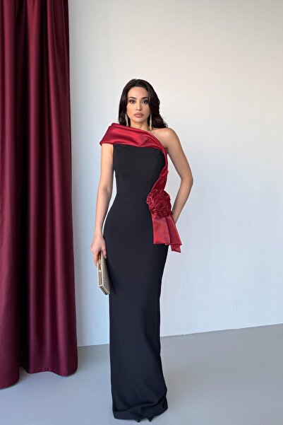 Serica Moda Burgundy Striped One-Shoulder Evening Dress with Rose Detail