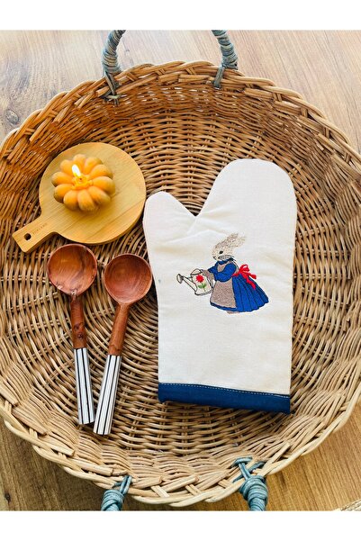HOME OF BLOSSOM Embroidered Raw Linen Oven Gloves/1 Piece