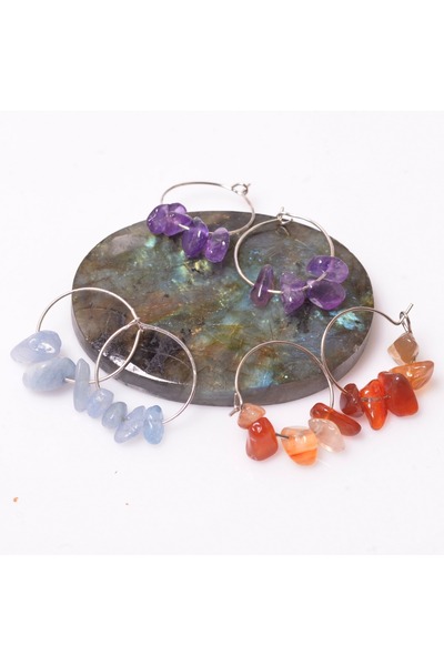 Taş Sandığı 3 Pieces of Natural Stone Steel Hoop Earrings - Tarnish Resistant