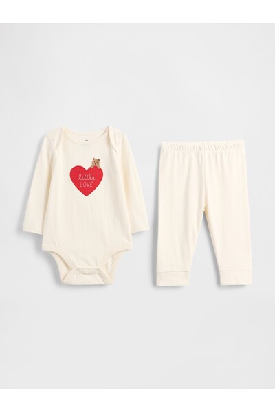 GAP Bebek Kırık Beyaz Organik Pamuk Bear Heart Bodysuit Outfit Set
