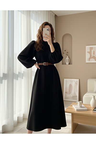 MİYALORA Kalın Kemerli Balon Kol Selanik Elbise → Kalın Kemer Detaylı Balon K...