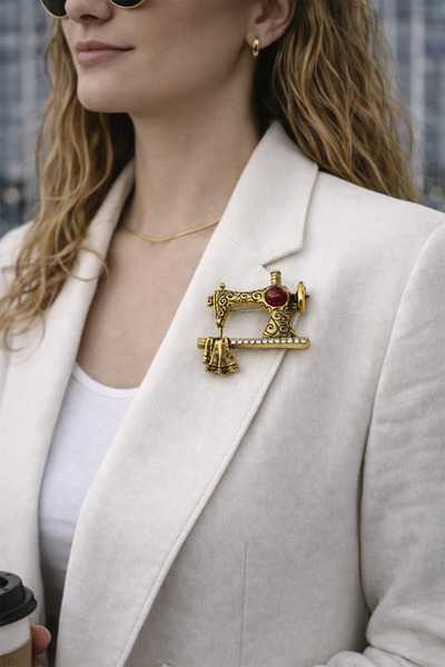 Modex Retro Oyma Detay Taş Süslemeli Dikiş Makinası Broş (4cm)