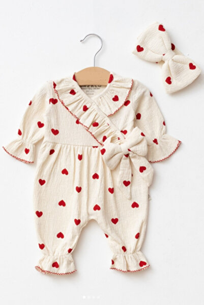 Cantoy Kız Bebek Kalp Desenli Fırfırlı Müslin Tulum Seti