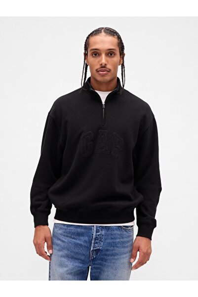 GAP Erkek Siyah Heavyweight Oversized Logo Yarım Fermuarlı Sweatshirt