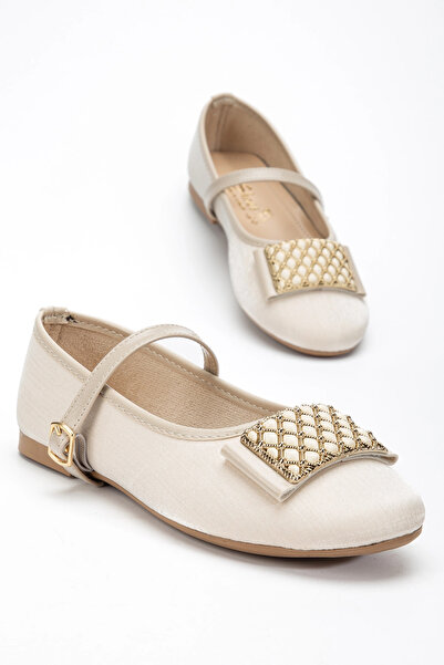 bakacstore Women's beige front buckle shiny fabric ballet flats