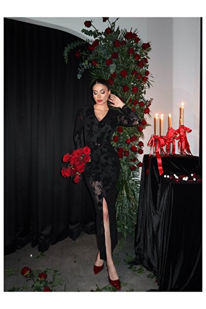 ESRAHELVACI Velvet Patterned Slit Dress with Accessories