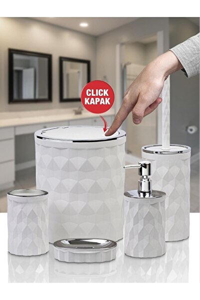 Store Hgy Home Diamond 5'li Banyo Seti Click Kapak Beyaz- Krom