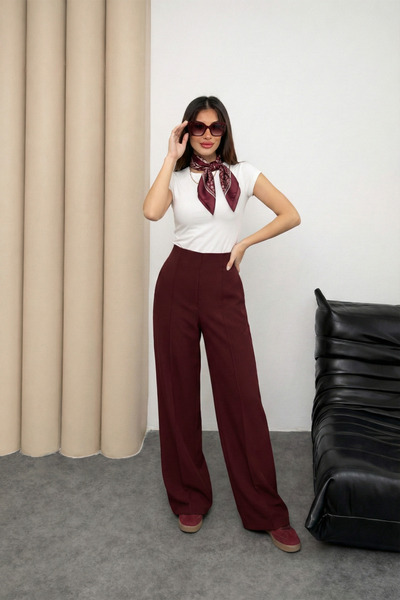 Hatun Atila High Waist Wide Leg Trousers with Internal Elastic and Grass Deta...