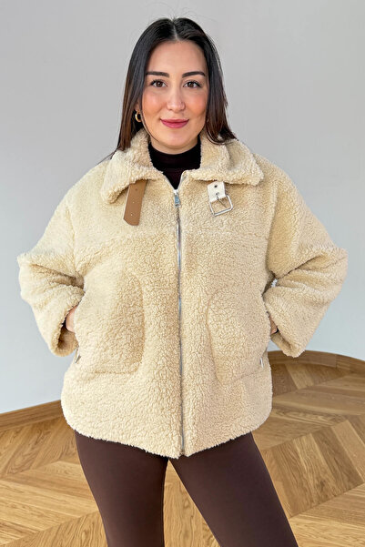 Cappmoda CKT-12485 Krem Kemer Yaka Detaylı Fermuarlı Teddy Mont