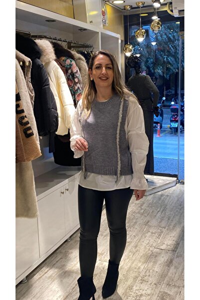 Aska Butik Süveter Detaylı Beyaz Volan Kollu Gömlek