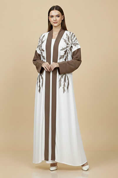 Muchmy Luxury White Brown 2 Piece Abaya Set With Inner Leaf Embroidery Modern...