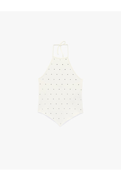 Koton Asymmetrical Cut Stone Detailed Sleeveless Halter Neck Tank Top