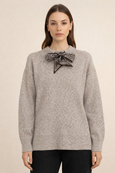 Kirazgym Women's Soft Collared Sweater with Scarf Detail - Earth Color