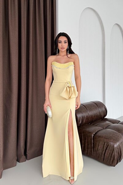 Serica Moda Sarı Taş İşlemeli Fiyonk Detaylı Yırtmaçlı Abiye Elbise