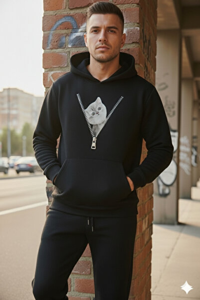 WOODROFFE Zippered Cat Printed Oversized Hooded Tracksuit Set Loose Fit