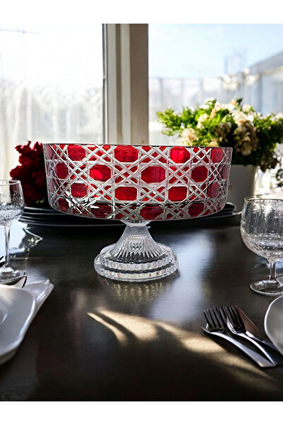 Glowvera Red Footed Cut Crystal Glass Bowl 25m Diameter