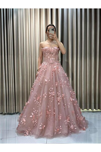 Kaleiçi Yıldızlar Pudra Üç Boyutlu Nişanlık Abiye Elbise |