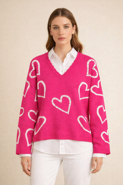 Kirazgym Heart Patterned Knitwear Sweater with Stone Detail - Fuchsia