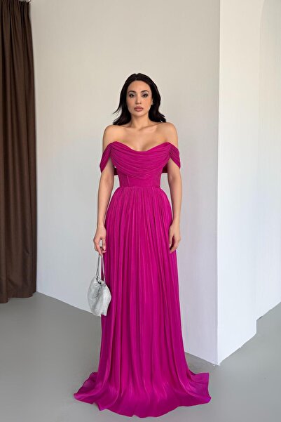 Serica Moda Rochie de seară plisată, fucsia, cu decolteu bărcuță