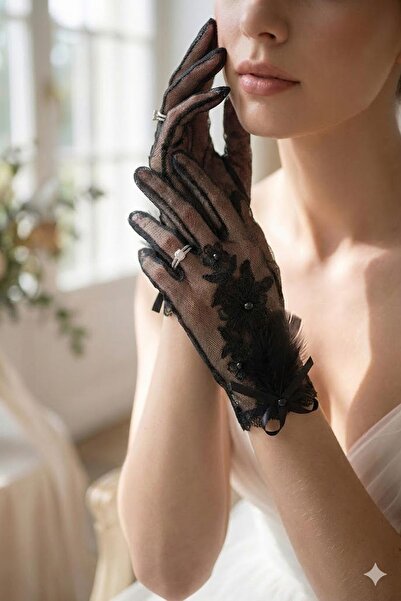 Hobigram Noir Fleur Tulle Ankle-Length Gloves with Feather and Flower Detail ...