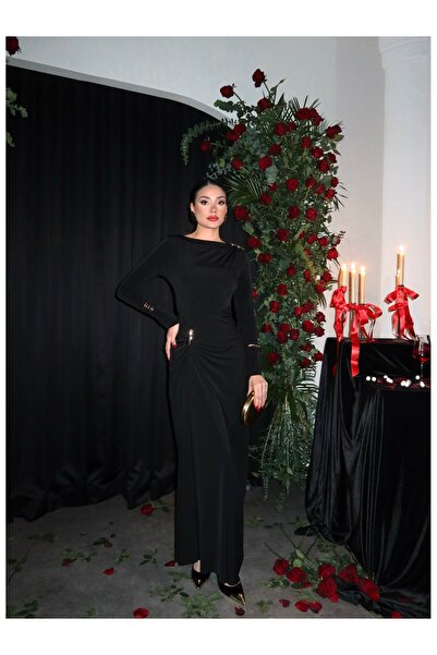 ESRAHELVACI Toka Detaylı Büzgülü Uzun Elbise