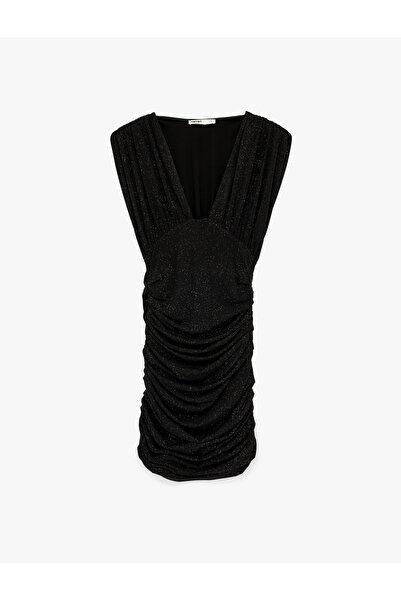 Koton V Yaka Kısa Kollu Simli Drapeli Mini Elbise