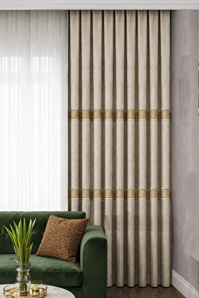 Fluiana Pano Fon Perde Barok Desen|Bej Renk|Blackout Özellikli Sık Pile Dikim...