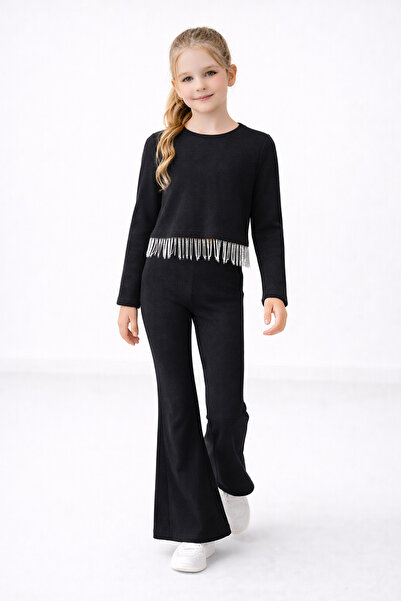 LITTLE&CO Kız Çocuk Siyah Püsküllü Takım – İspanyol Paça Pantolon & Uzun Koll...