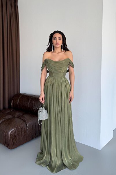 Serica Moda Rochie de seară plisată cu decolteu bărcuță, kaki