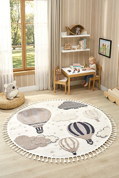 Eliz Home Daire Yuvarlak Krem Yumuşak Bukleli Balonlu Bulutlu Dokuma Halı Beb...